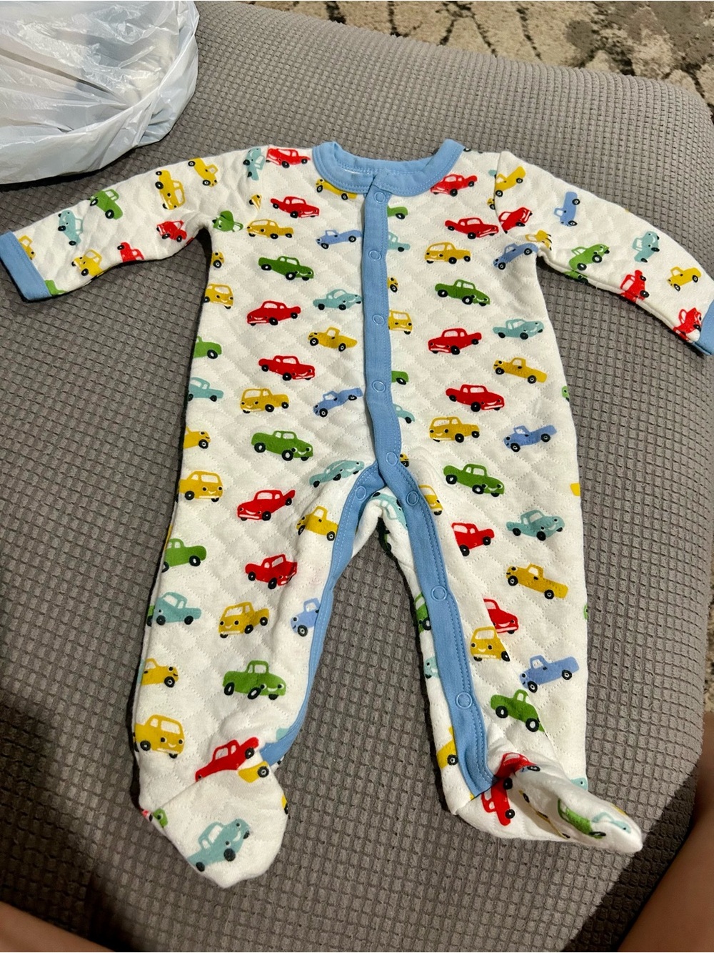 Little Beginnings Blue-Trim Baby One-Piece with Colorful Car Print